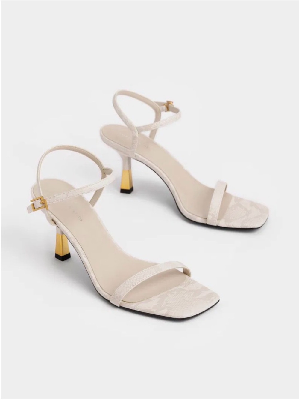 Charles & Keith Nude Snake Embossed Gold Cap Heel Sandals | Size 39 square toe